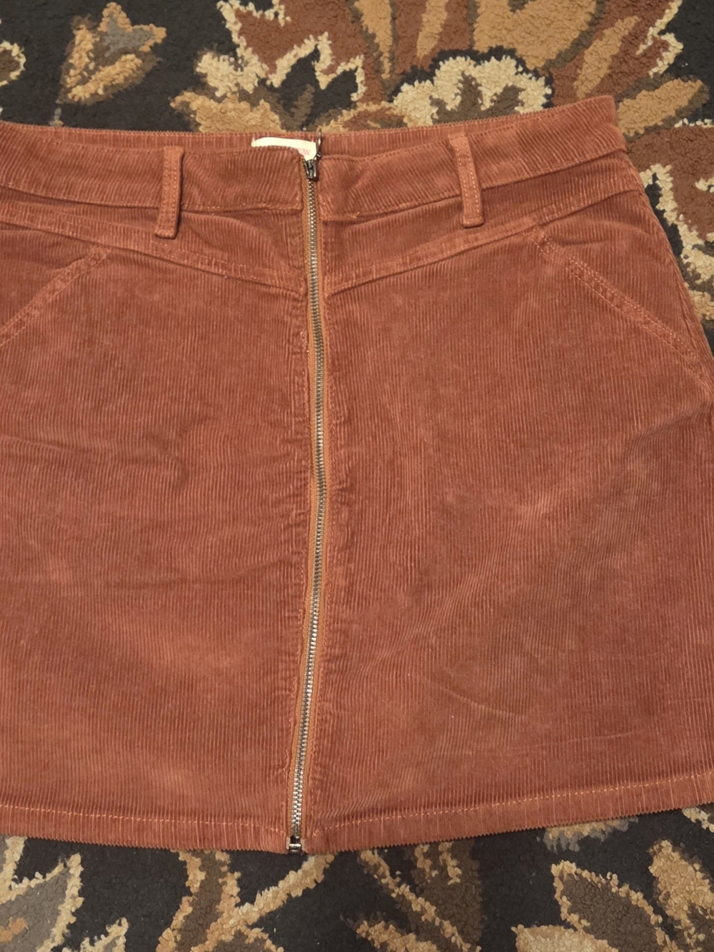 Rust Corduroy Front-Zip Mini Skirt